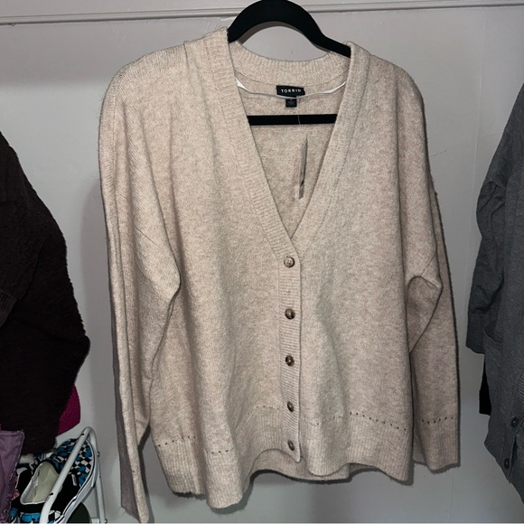 Vegan Cashmere Cardigan V-Neck Drop Shoulder Sweater Torrid warm tan-gray size12 - Picture 5 of 5